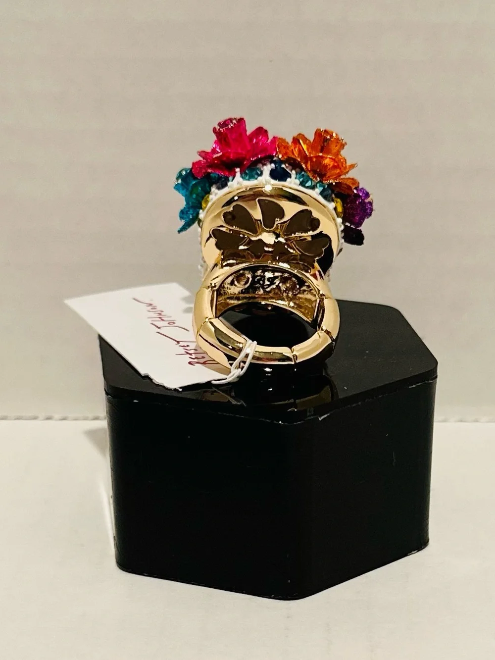 Betsey Johnson NWT Pave Crystal Floral Skull Stretch Ring